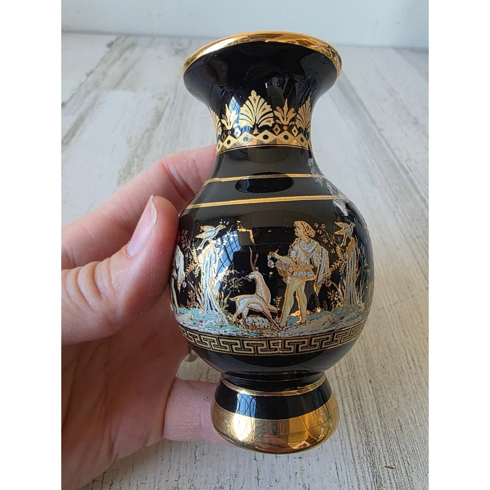 Vintage Olympia Greece mini black vase 24K decor gold‎
